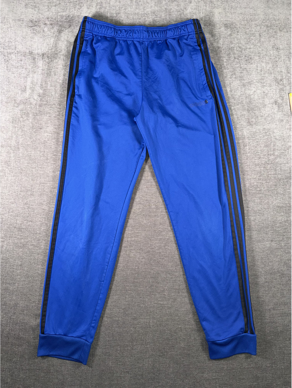 Adidas Men's Blue Track Pants with Black Stripes, Size Large